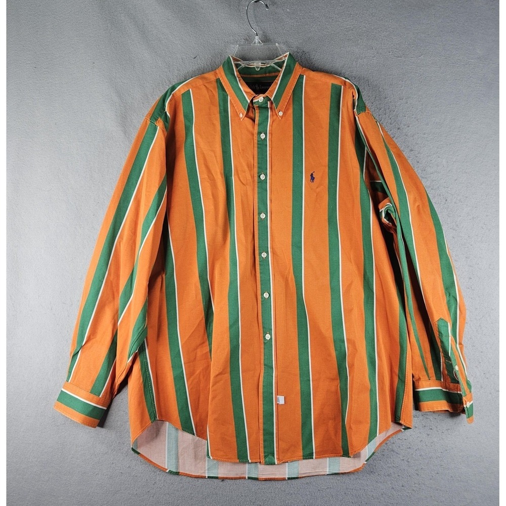 Ralph Lauren Shirt Mens XL Orange Green Stripe Button Down Long Sleeve Pony Logo